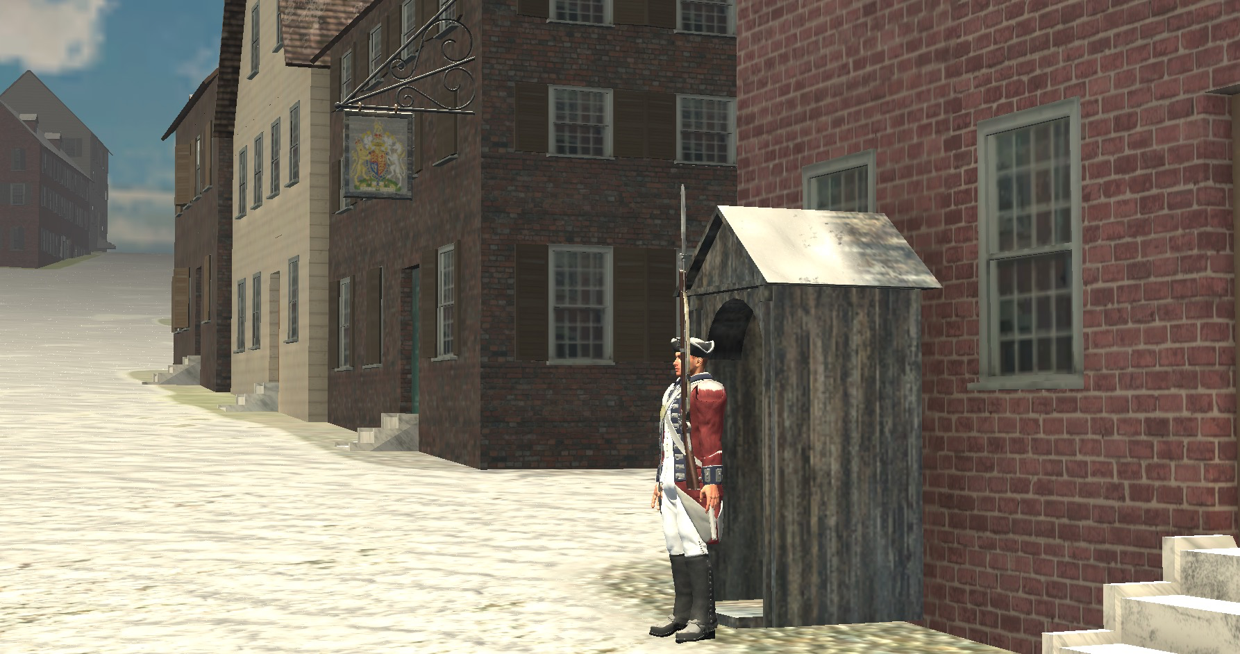 Screenshot of video game featuring a solider keeping guard on a street.