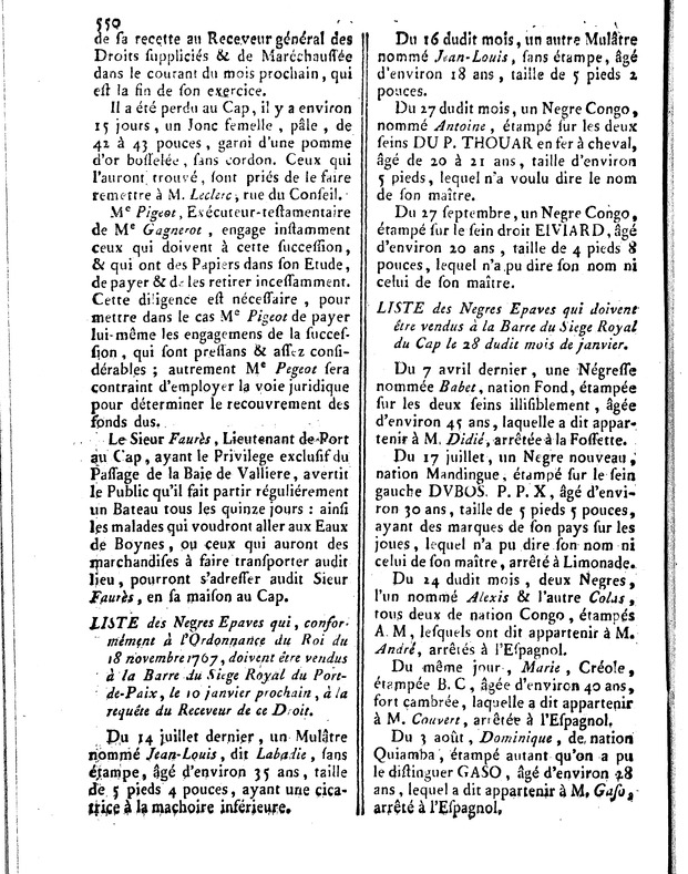 Liste des Negres Epaves, 17 November 1773, Affiches Américaines, 550.