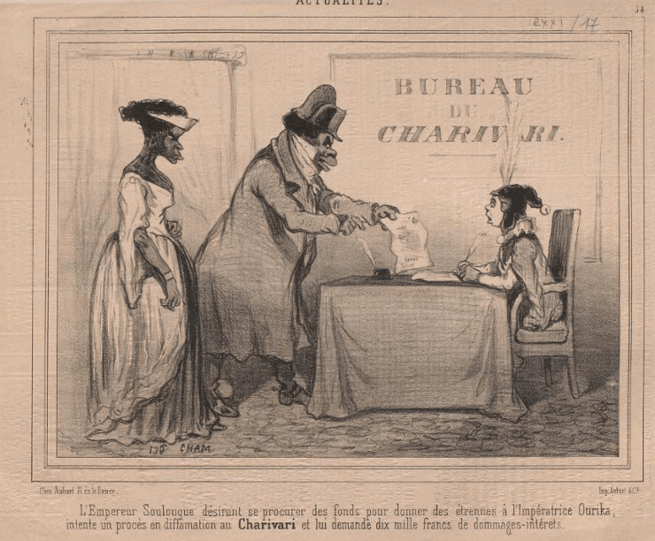 Caricature of Emperor Faustin Soulouque I and Emperess Ourika standing in front of a desk demanding funds to a sitting Charivari. 