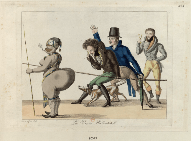 Caricature picturing the Vénus Hottentote standing behind a rope and being observed by three men. 