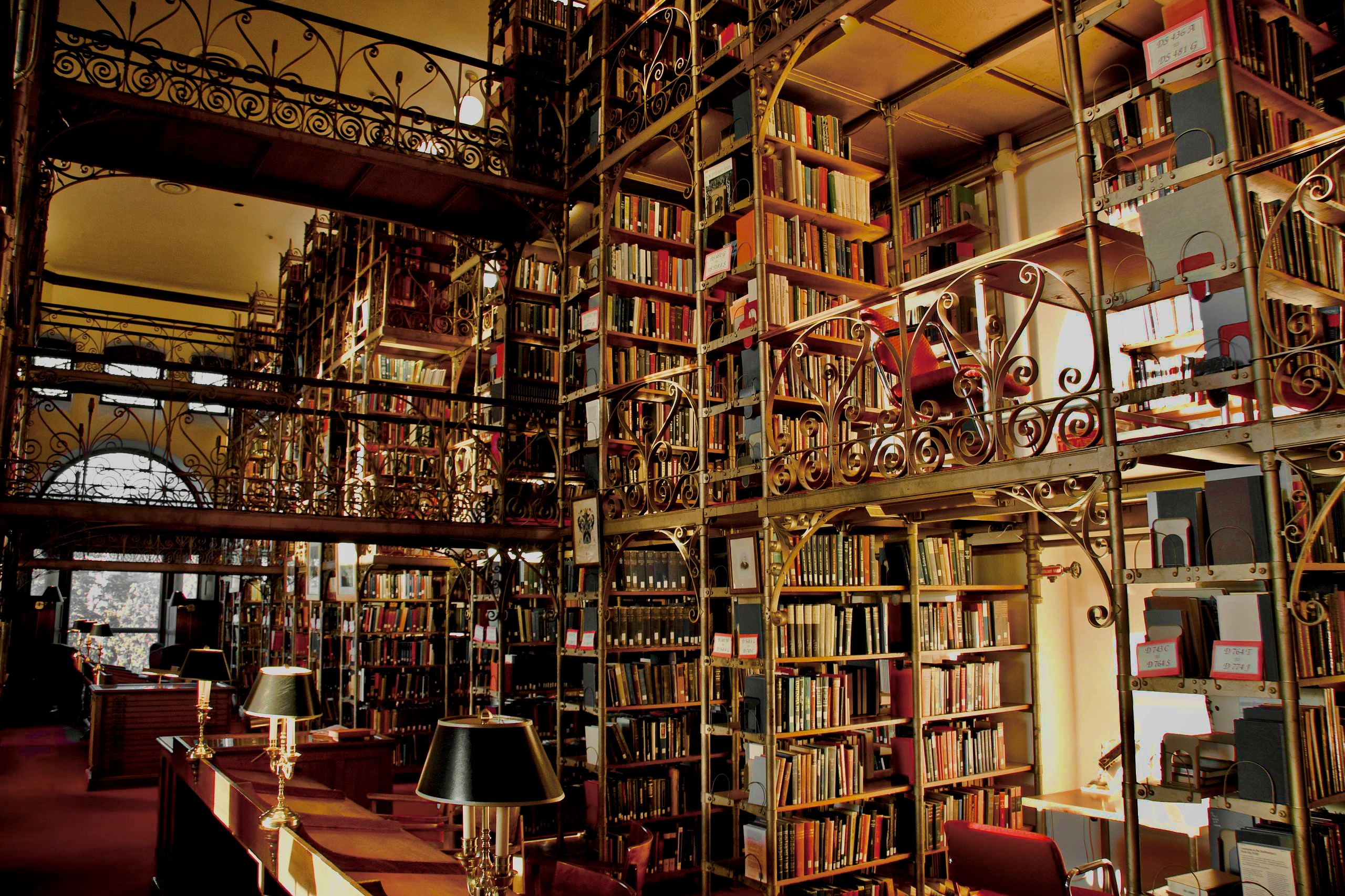 Inside of the A.D White Reading Room, featuring ceiling-high bookshelves.