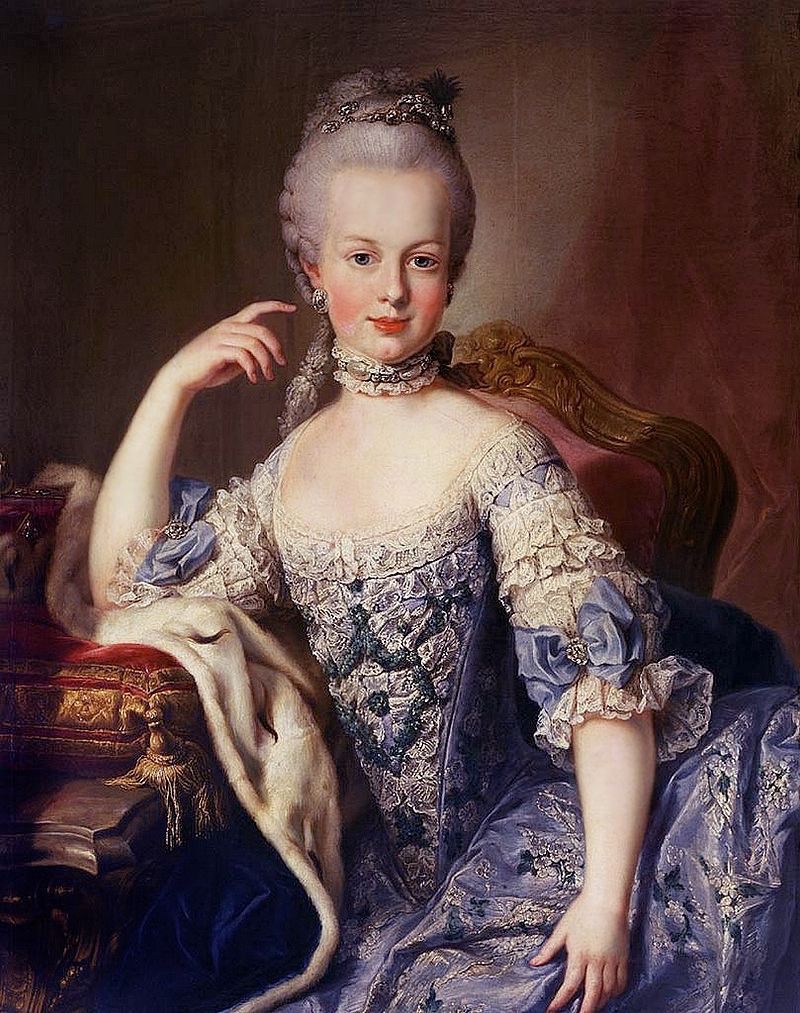 Portrait of Marie-Antoinette in a blue dress, sitting of a chair.