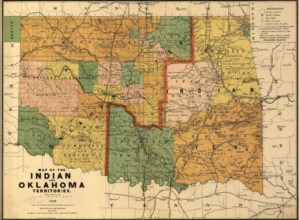 Map of Oklahoma highlighting Indian Territories in 1892.