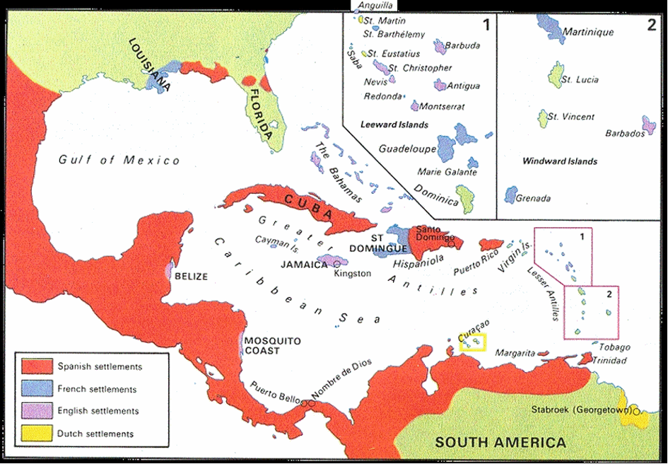 Map of the European colonies in the Caribbean in the 18th century. 