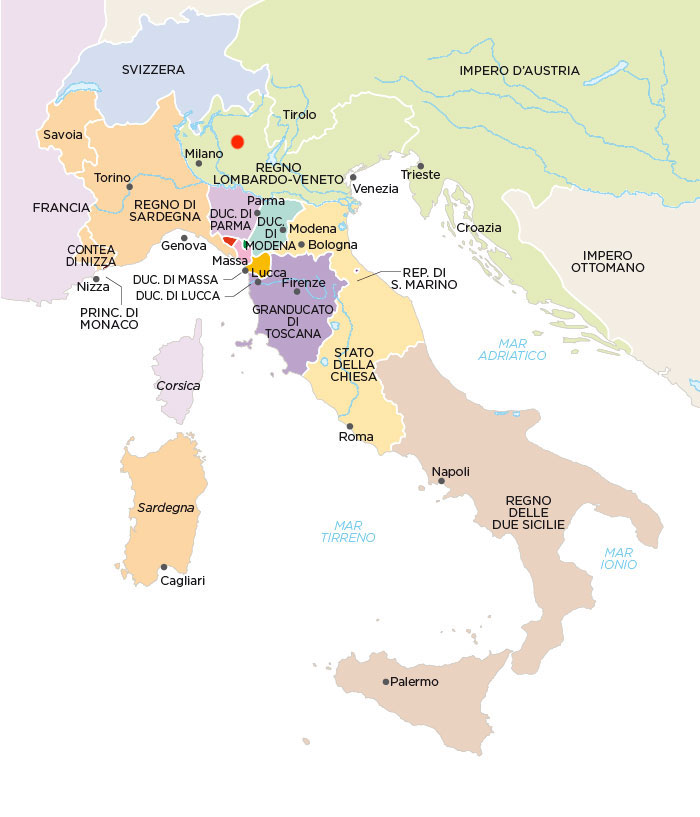 Map of Italy in 1815 after the Restoration. 