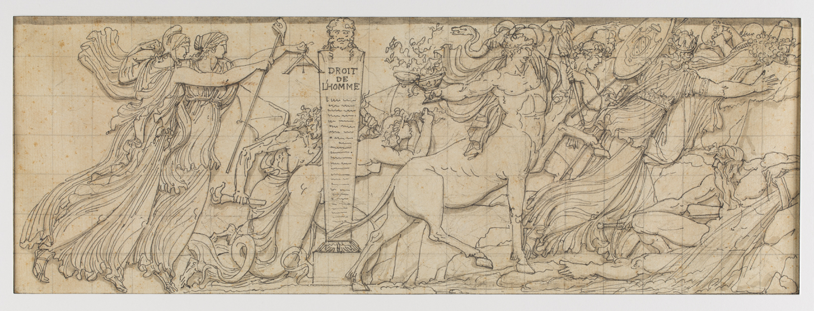 Drawing of a woman as Liberty chasing a group of people.