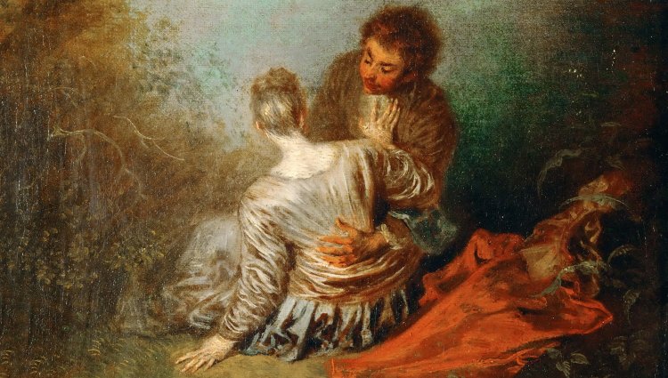 Painting of a man and a woman laying on a blanket