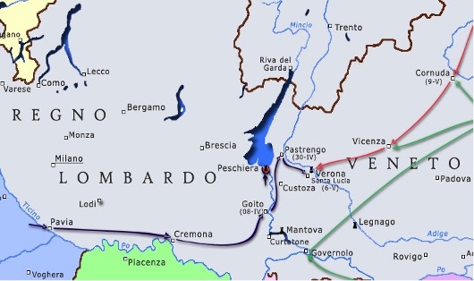 Map of Italy showing the first and second phases of the Italian War of Independence. 