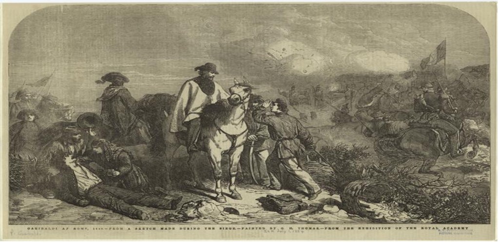 Engraving of a battle scene with men on horses. 