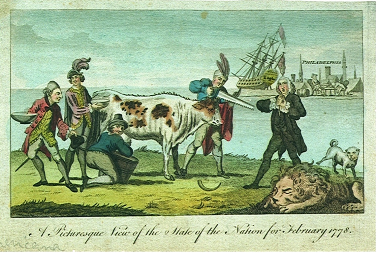 Drawing of multiple men milking a cow. 