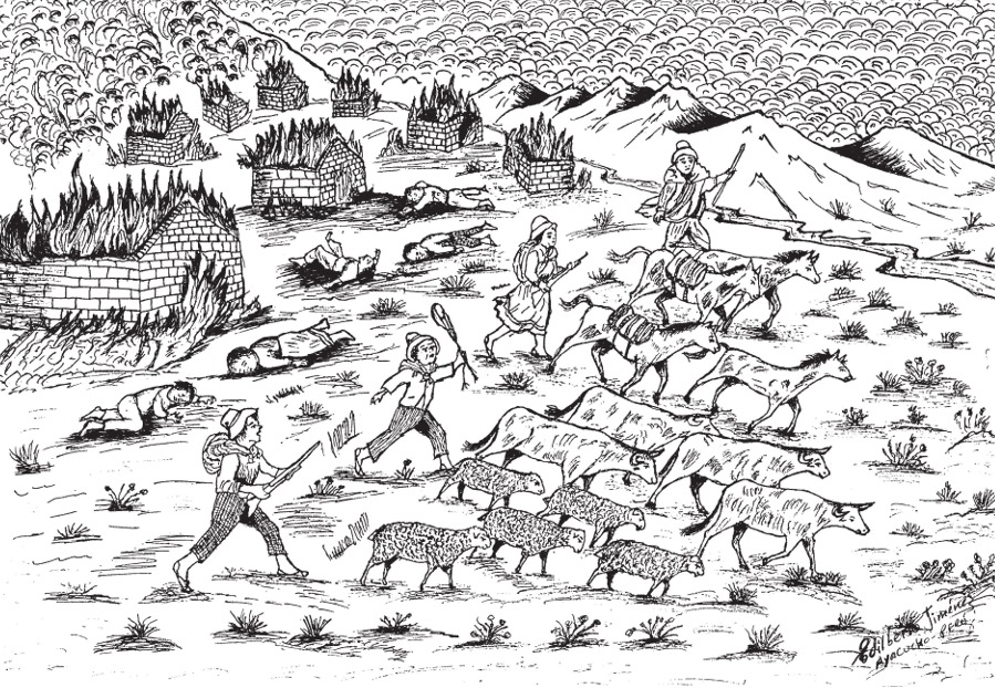 Drawing of men stealing cattle.