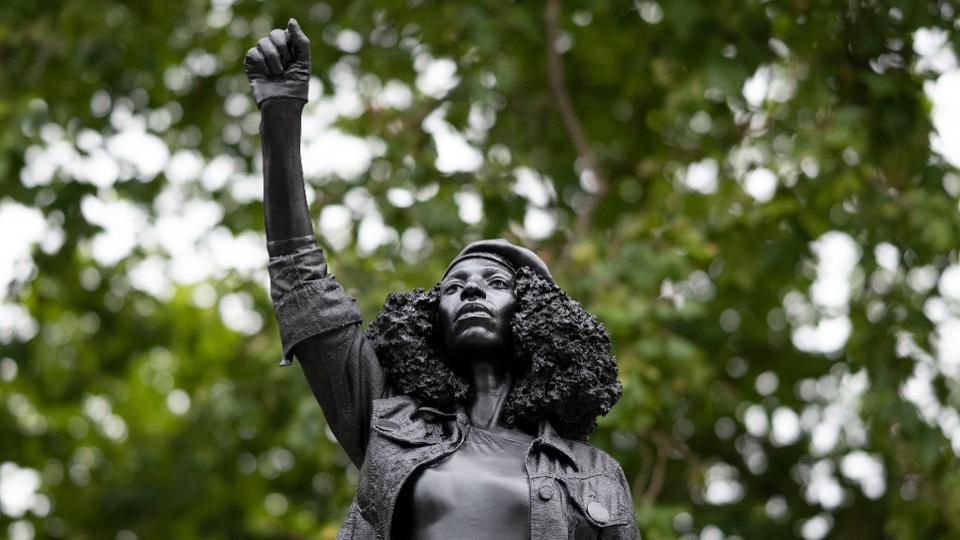 Statue of Black Lives Matter protester, Jen Reid on a vacant pedestal in Bristol, England.