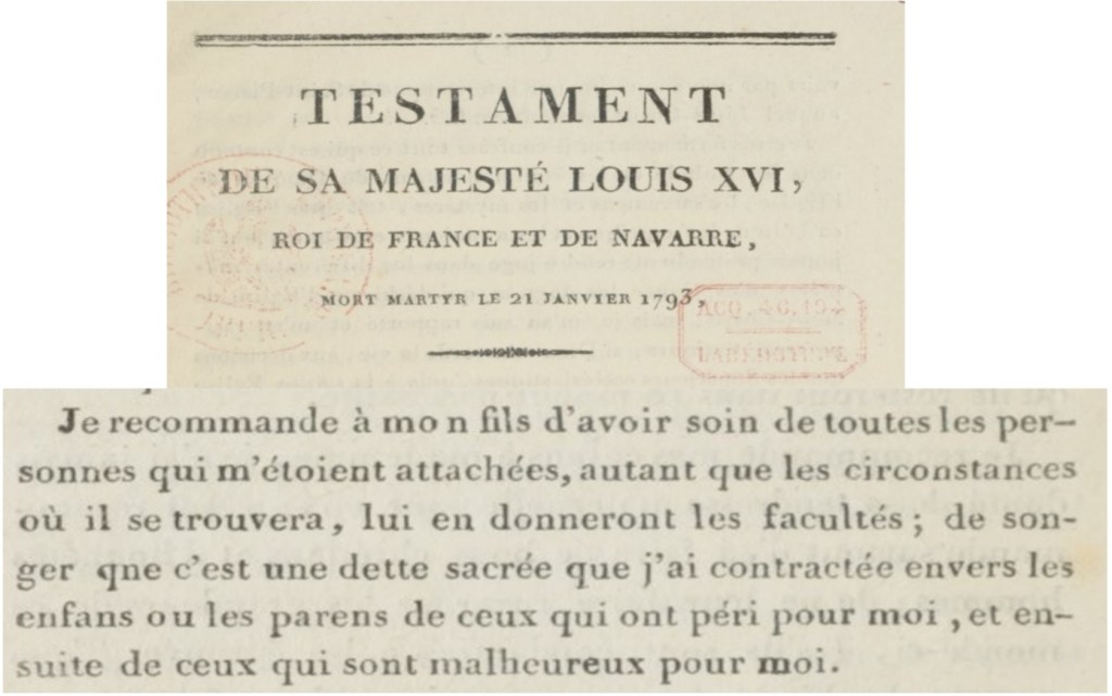 Printed text of the will of King Louis XVI.