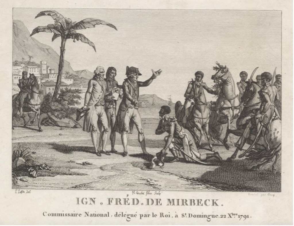 Engraving of French general meeting with French commissioners on horses.