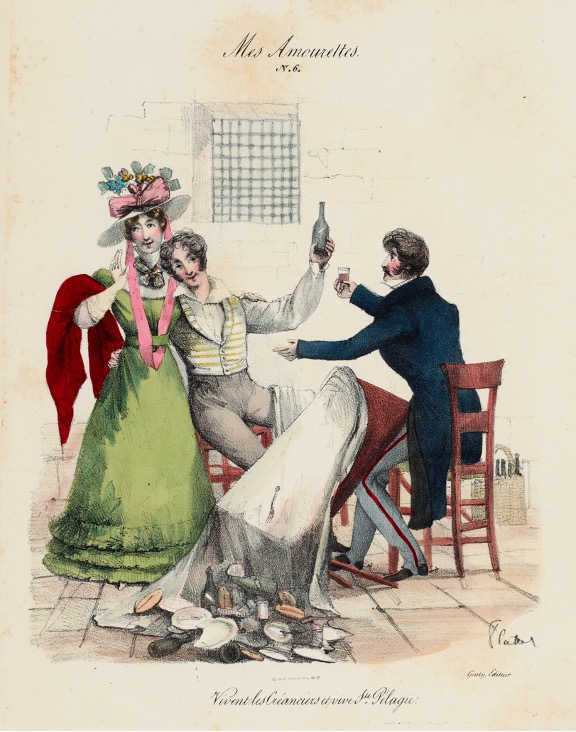 Drawing of two men and a woman drinking around a broken table.