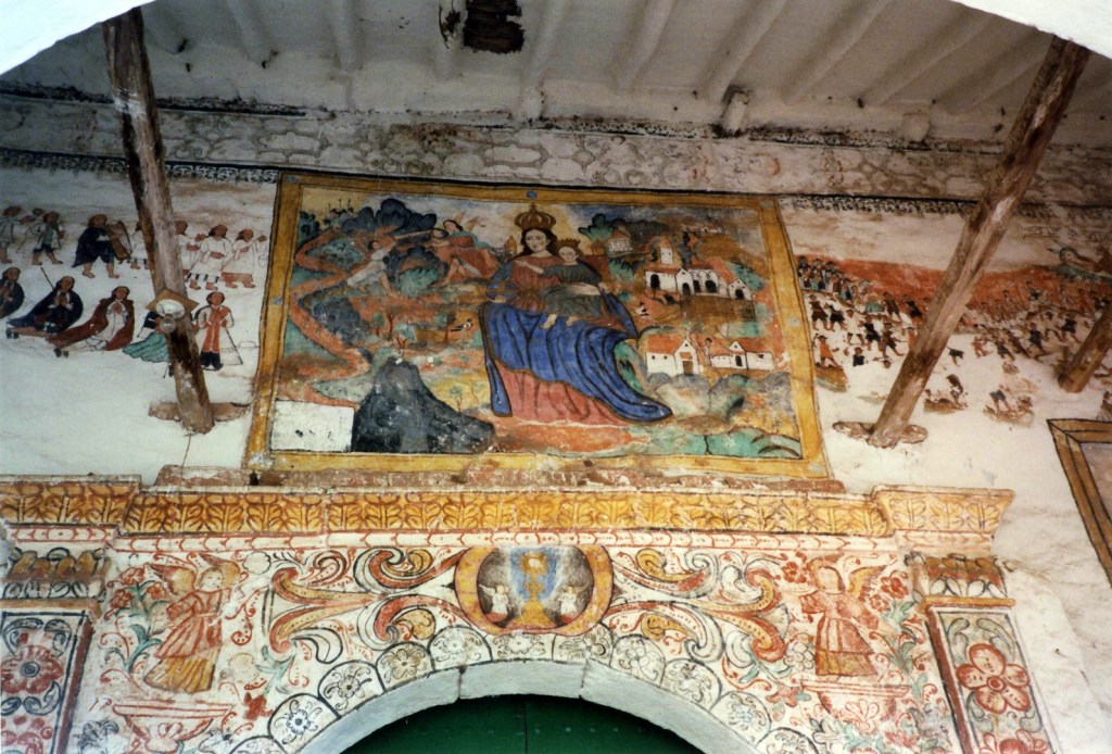 Mateo Pumacahua and Family in Procession (left), Our Lady of Monserrat (center), and Royalist Troops Defeat Rebel Forces (right), Chinchero, Peru, late 18th century. Photograph by the author.