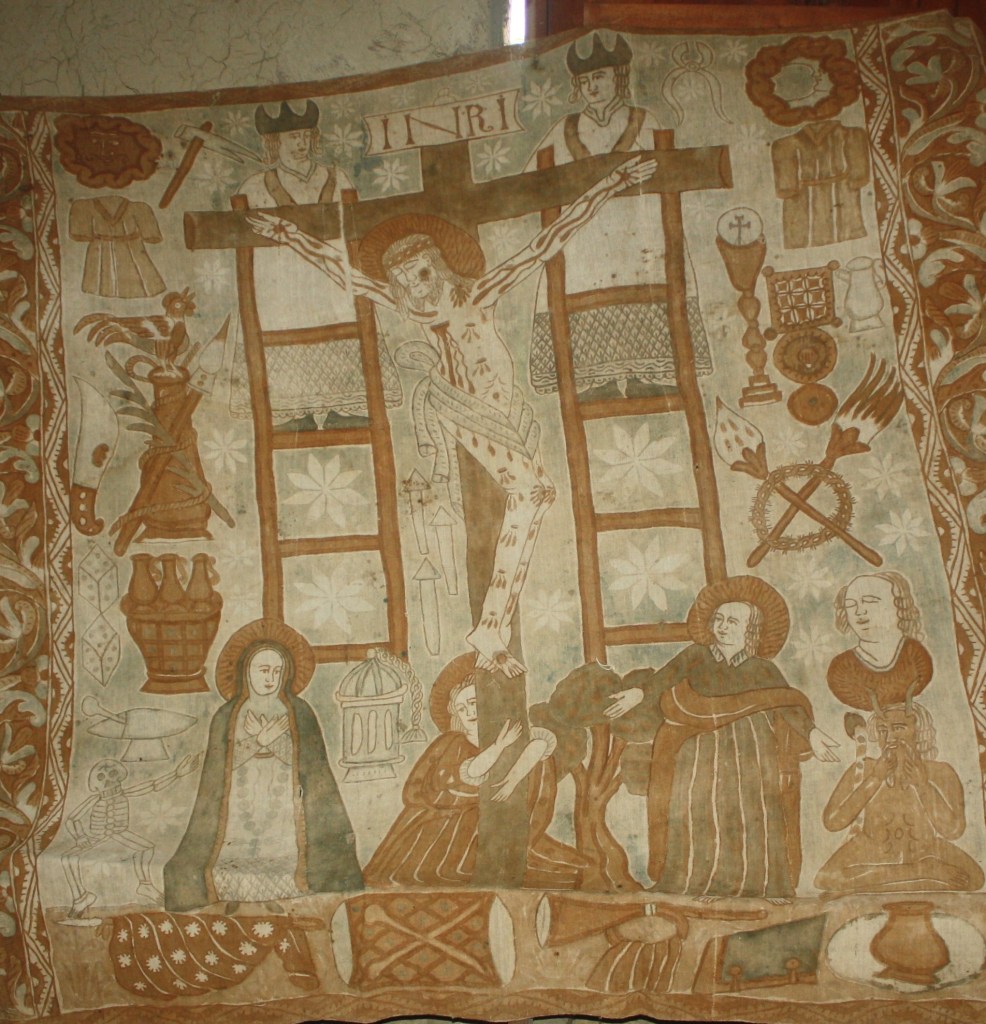 Passion Cloth with Crucifixion and Arma Christi, San Carlos de Chorobamba, Peru, 18th century. Plant-based dyes on cotton. 220 x 237 cm. Photograph by the author.