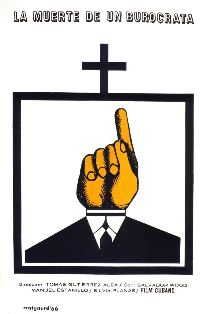Cuban film poster for "Death of a Bureaucrat" featuring a hand pointing upward in place of a man's face