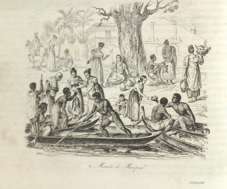 Indigenous peoples and colonial spaniards exchange goods at the water's edge