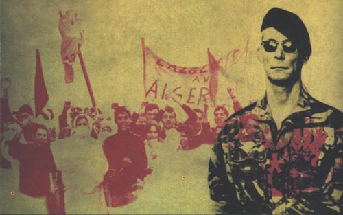 Images from the Algerian War of Independence including a soldier in uniform and protestors