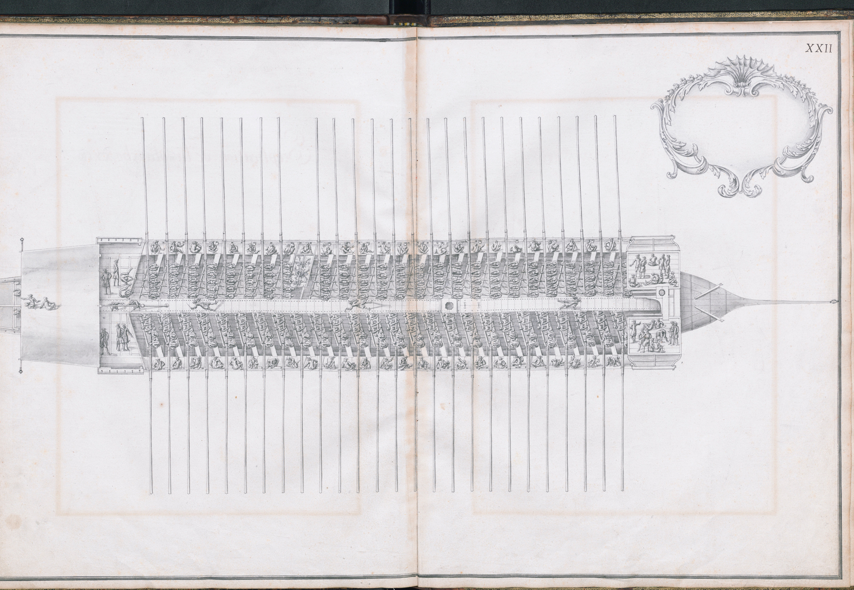 Overhead view depicting the construction and armament of a galley, complete with oars.