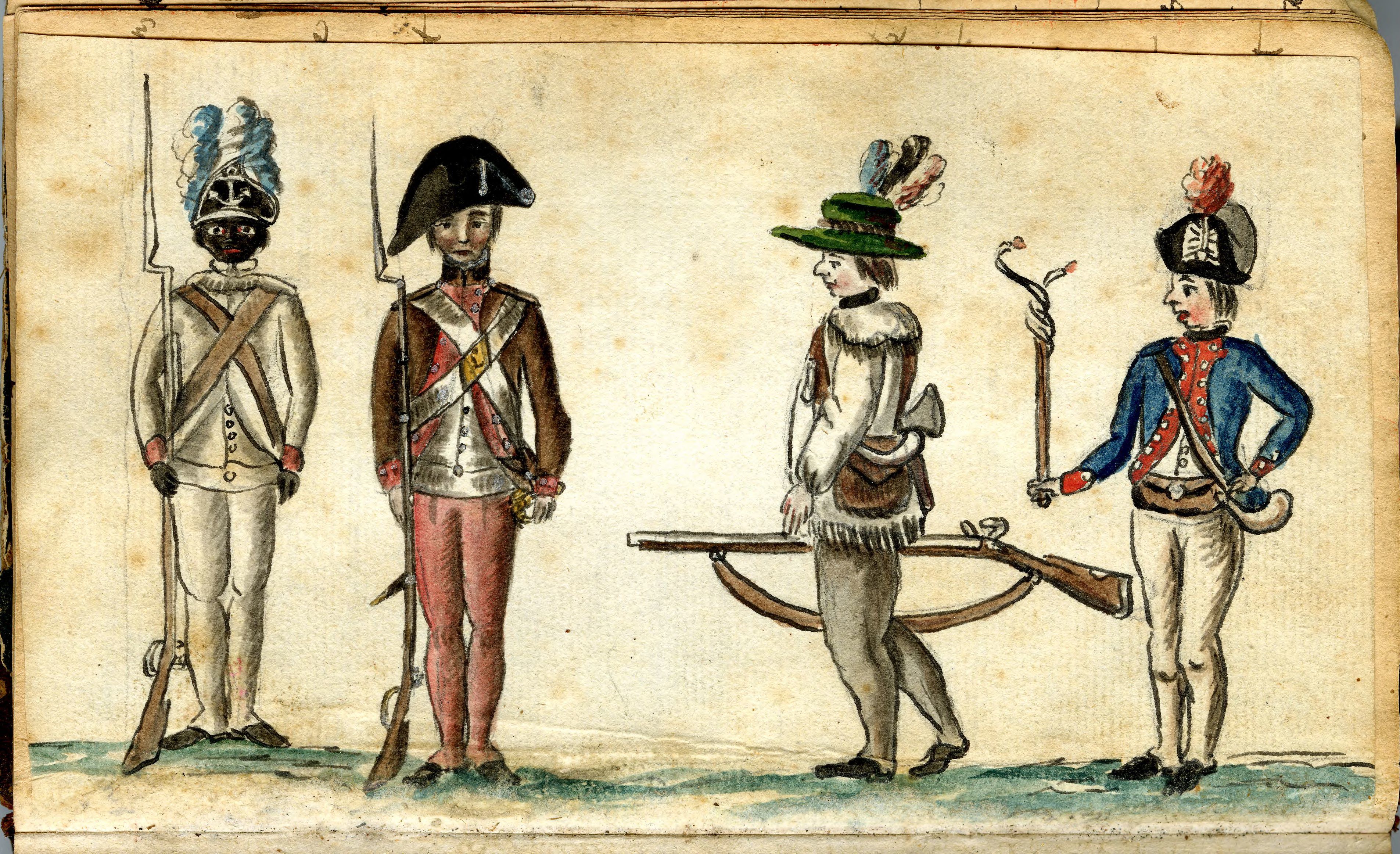 A group of soldiers including a surgeon, skirmisher, and two infantry: one white and one black