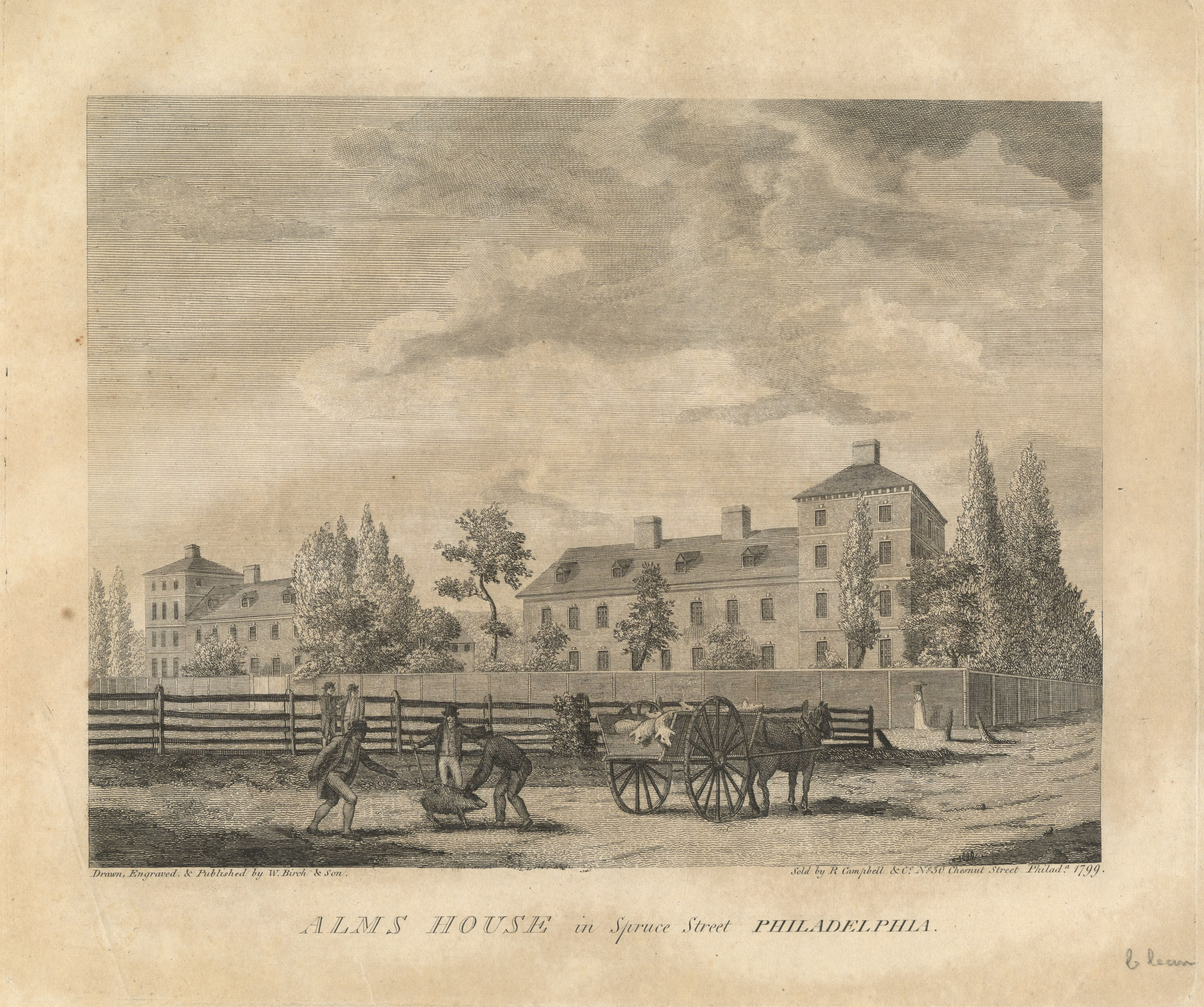 3 men corral a loose pig in front of the Philadelphia Alms House