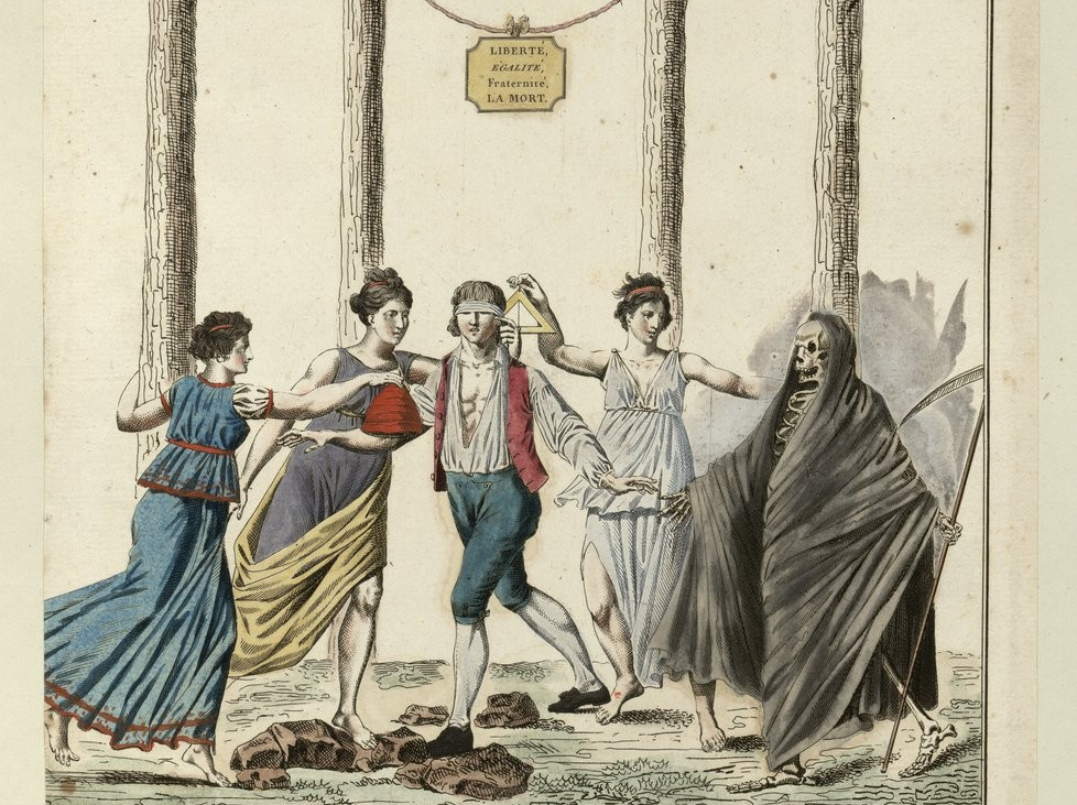 Alt text: Colour print shows a game with a blindfolded man who represents the French people stumbling between three female figures, representing liberty, equality and fraternity. One holds out a red phrygian bonnet for him, the second is adjusting his blindfold and the third is playing a triangle to attract his attention. To their right stands death in a black cape, his scythe at the ready. From the trees above the figures hangs a sign in French reading ‘Liberty, equality, fraternity, DEATH’. The image is subtitled in French ‘The French people, or Robespierre’s regime. In vain on all sides I extend each limb, Everything flees my hand when I think to touch it, I am the one being caught in this game, And I believe I will be the chamber pot for some time.’